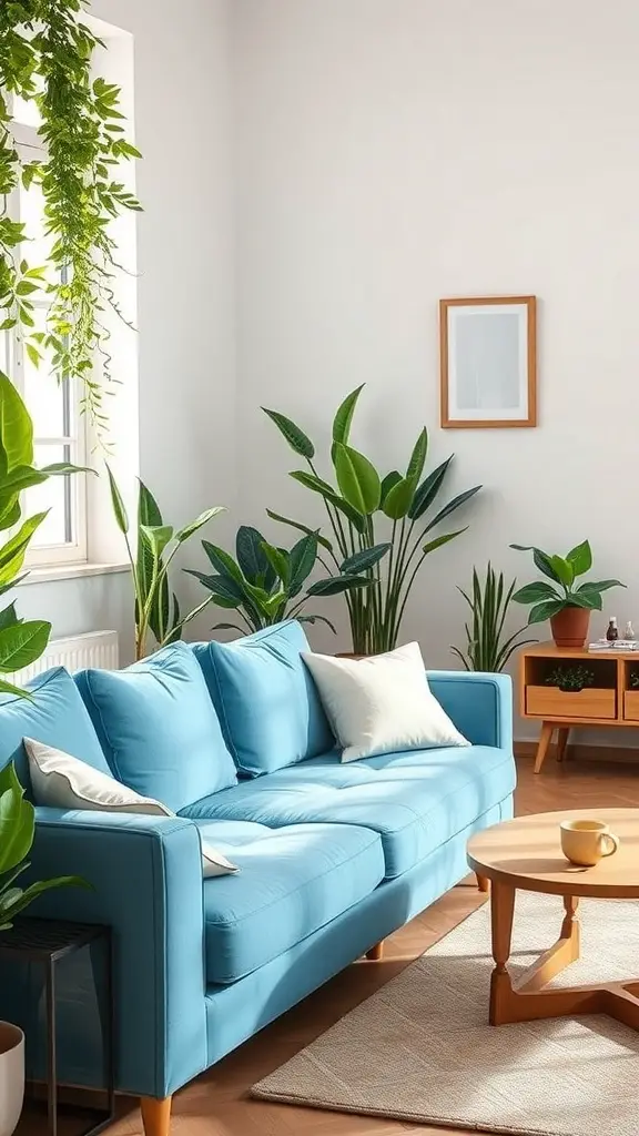 29+ Stunning Blue Couch Living Room Ideas You’ll Love 4 A bright living room featuring a blue couch surrounded by indoor plants and natural decor.