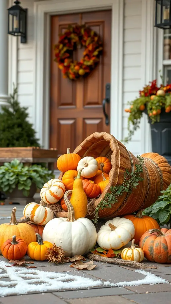 A cornucopia filled with colorful gourds and pumpkins on a front porch, surrounded by fall decor.