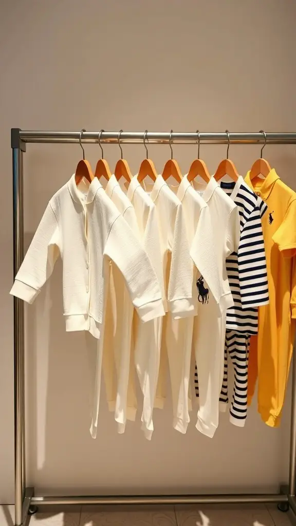 21+ Adorable Ralph Lauren Baby Shower Decor Ideas You’ll Love 8 A stylish clothing rack displaying various baby clothes in soft colors and playful patterns.