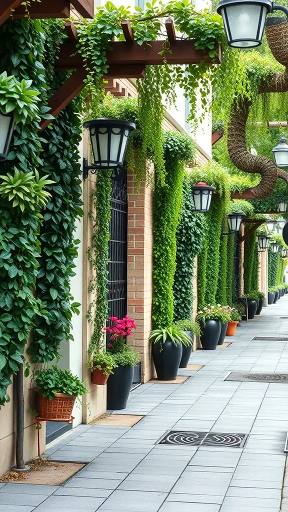 25+ Stunning Sidewalk Landscaping Ideas to Elevate Your Curb Appeal 11 A beautifully landscaped sidewalk with climbing plants, hanging greenery, and lanterns.