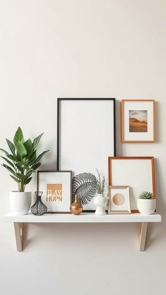 A shelf decorated with various picture frames, plants, and decorative items.
