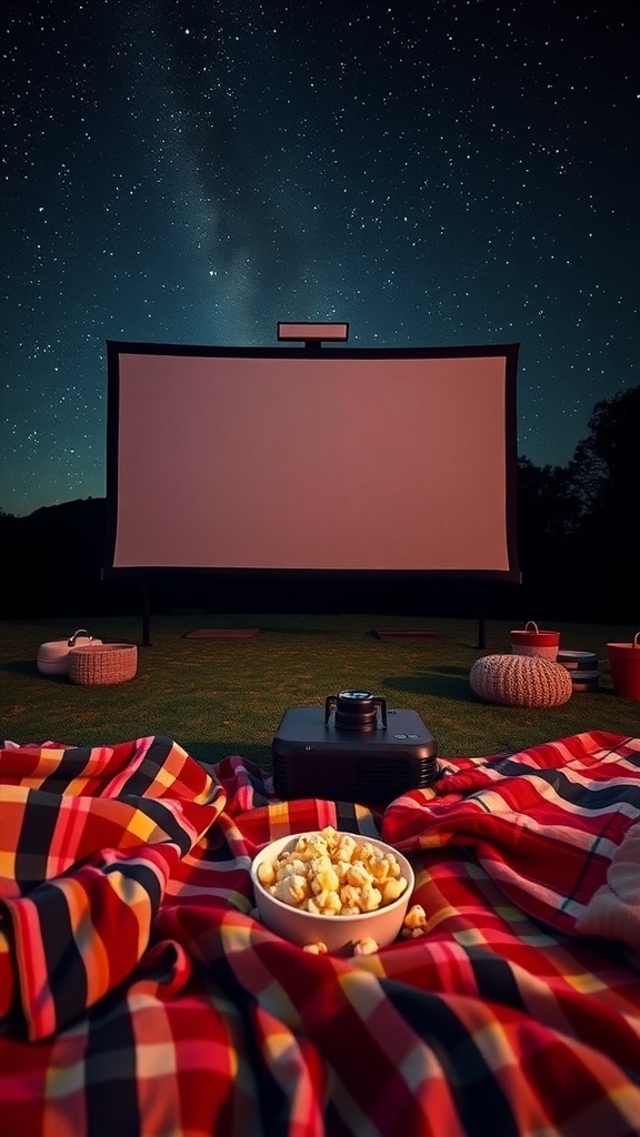 31+ Creative Fall Birthday Party Ideas You Need to Try 13 A cozy outdoor movie setup with a projector, a large screen, and popcorn under a starry night.