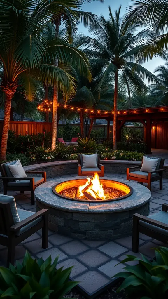 A cozy fire pit surrounded by tropical plants and comfortable seating, illuminated by soft lights.