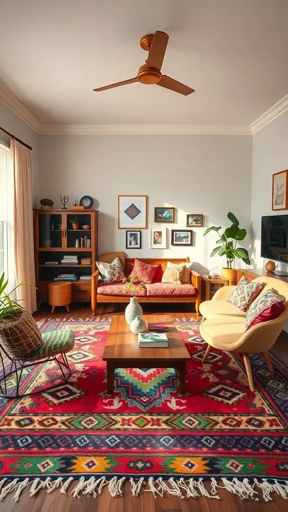A colorful Kilim rug in a cozy living room with modern furniture and decor.