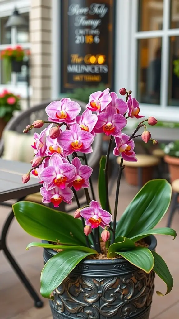 A pot of vibrant pink faux orchids placed on an outdoor table.