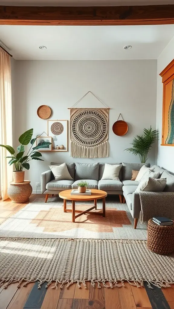 27+ Stunning French Country Living Room Inspirations 11 A cozy French country living room featuring woven textiles, plants, and a warm color palette.