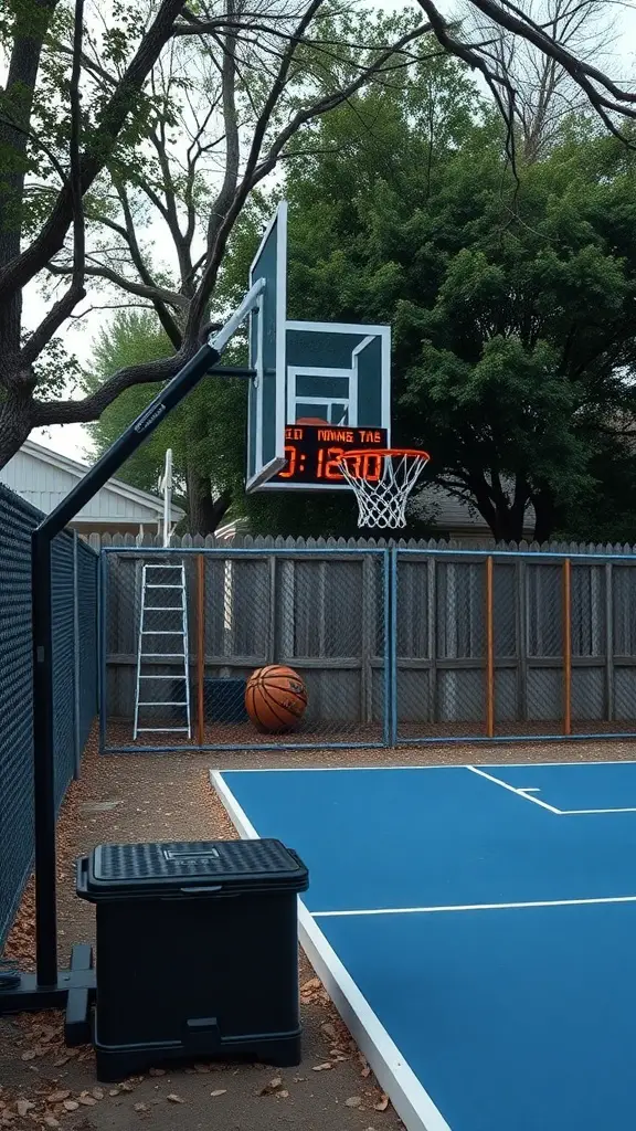25+ Inspiring Backyard Basketball Court Ideas 15 A backyard basketball court featuring a digital scoreboard and a basketball.