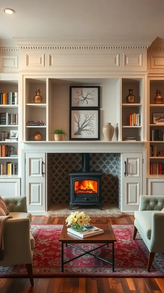 31+ Inspiring Wood Burning Stove Living Room Ideas 5 Cozy living room featuring a wood-burning stove surrounded by built-in shelving, decorated with books and plants.