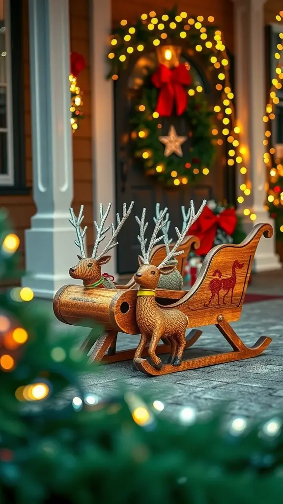 Wooden sleigh with reindeer figures decorated for Christmas
