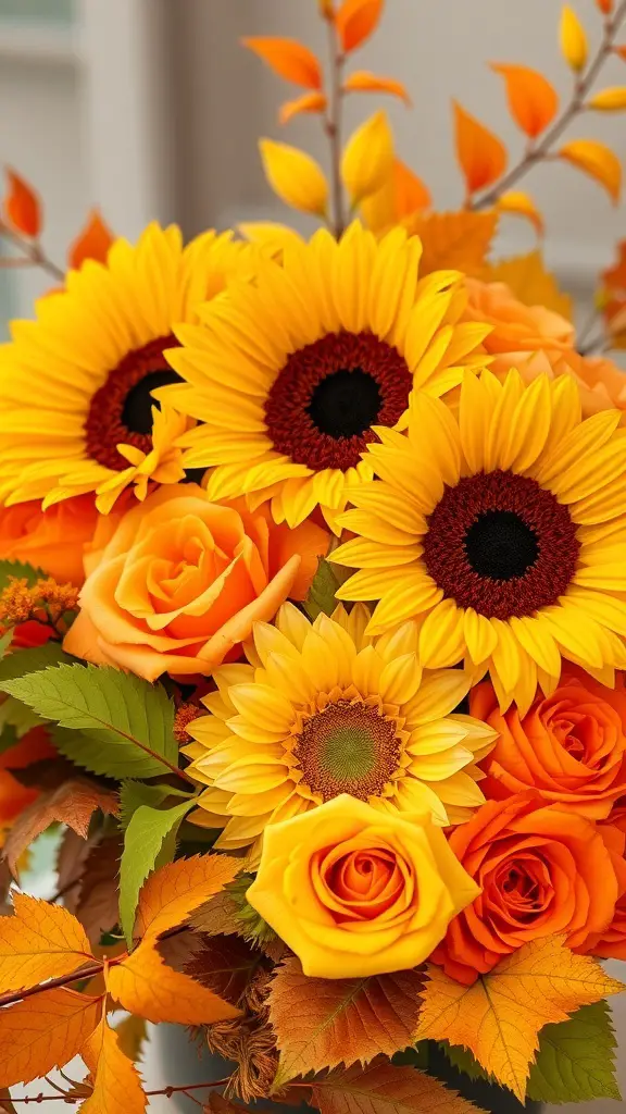 29+ Creative Thanksgiving Party Decorations You Need to Try 21 A vibrant floral arrangement featuring sunflowers, orange roses, and fall foliage.