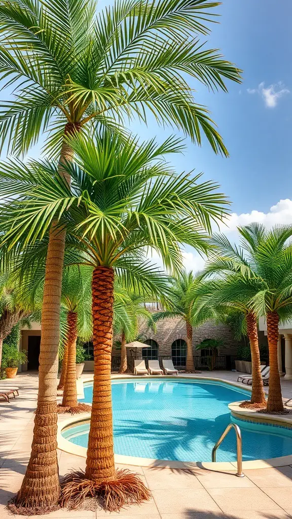 Artificial palm trees surrounding a swimming pool