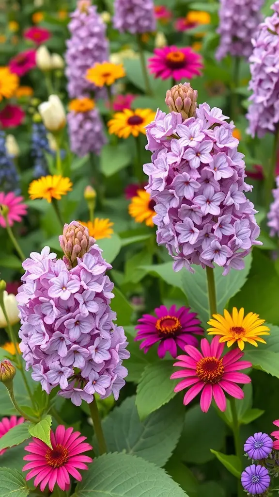 19+ Stunning Lilac Bush Landscaping Ideas for Your Garden 19 A vibrant garden filled with lilac flowers and colorful zinnias.