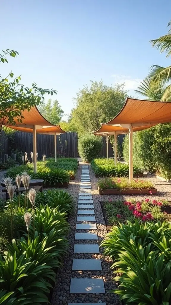 21+ Stunning Full Shade Landscaping Ideas for Your Garden 12 A beautifully landscaped garden with shaded areas, pathways, and various plants.