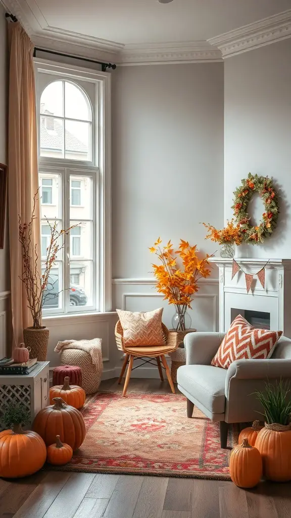 25+ Stunning Items to Achieve a Stockholm-Style Room Makeover 18 Cozy Stockholm-style room decorated for autumn with pumpkins, orange leaves, and warm textiles.