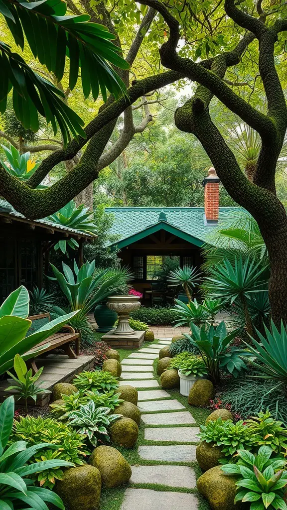 21+ Stunning Full Shade Landscaping Ideas for Your Garden 9 A lush garden with a stone pathway, surrounded by various green plants and a cozy seating area.