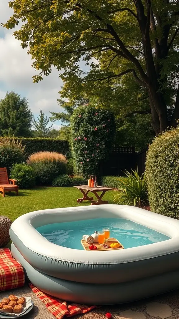 21+ Creative Backyard Inflatable Hot Tub Ideas 10 Inflatable hot tub in a garden setting with snacks and drinks