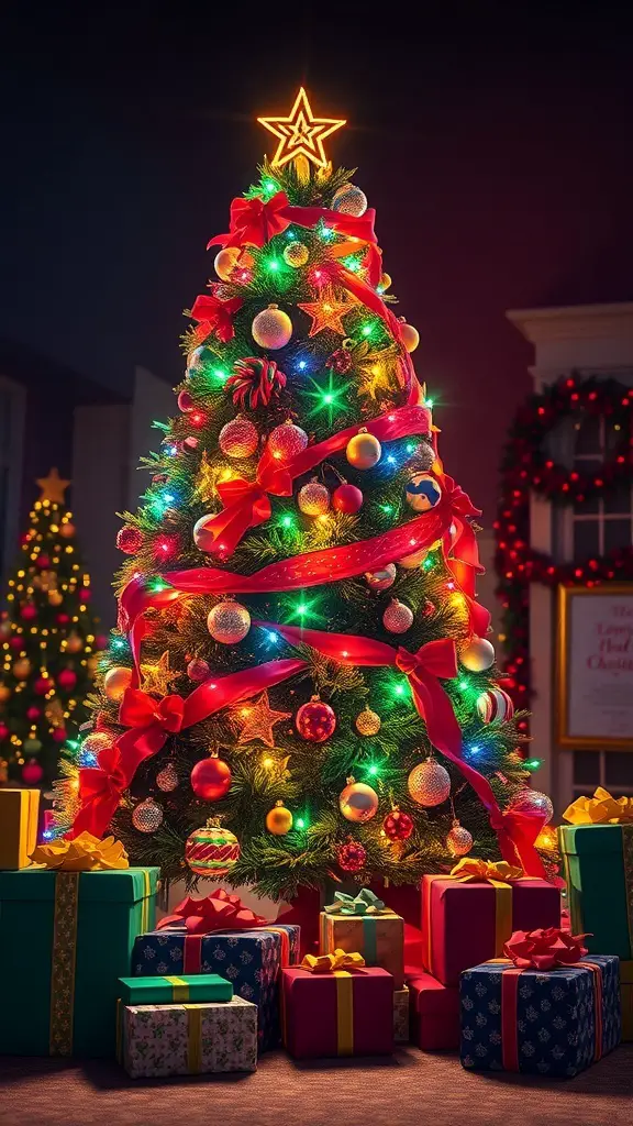 27+ Festive Christmas Painting Ideas to Inspire Your Holiday Spirit 16 A beautifully decorated Christmas tree with colorful lights and wrapped gifts underneath.