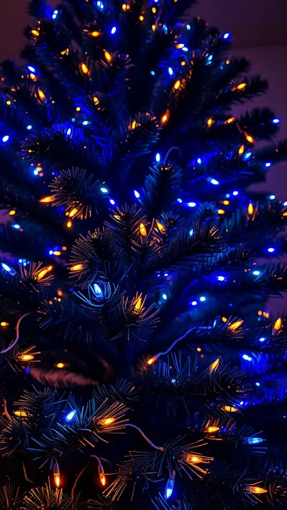 A Christmas tree illuminated with blue and gold fairy lights.