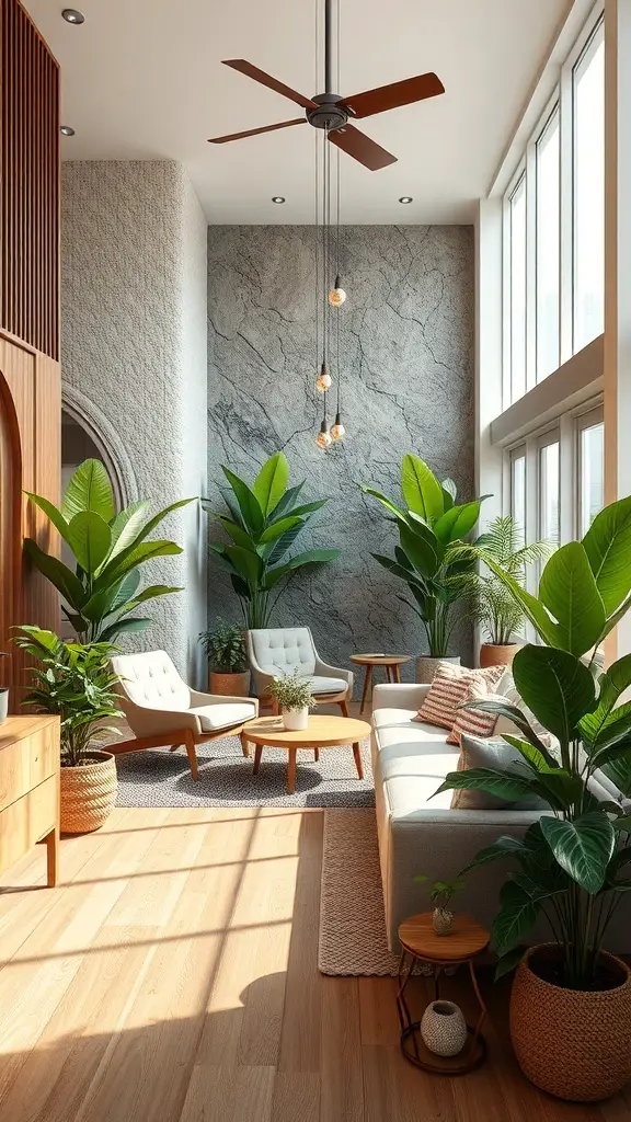 A bright indoor space with plants, wooden furniture, and a textured wall.