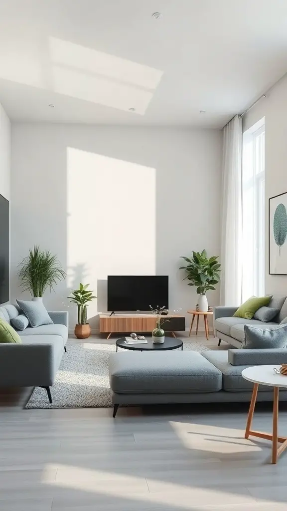 27+ Stunning Grey and Green Living Room Ideas 14 A minimalist living room featuring grey sofas, green plants, and a bright atmosphere.