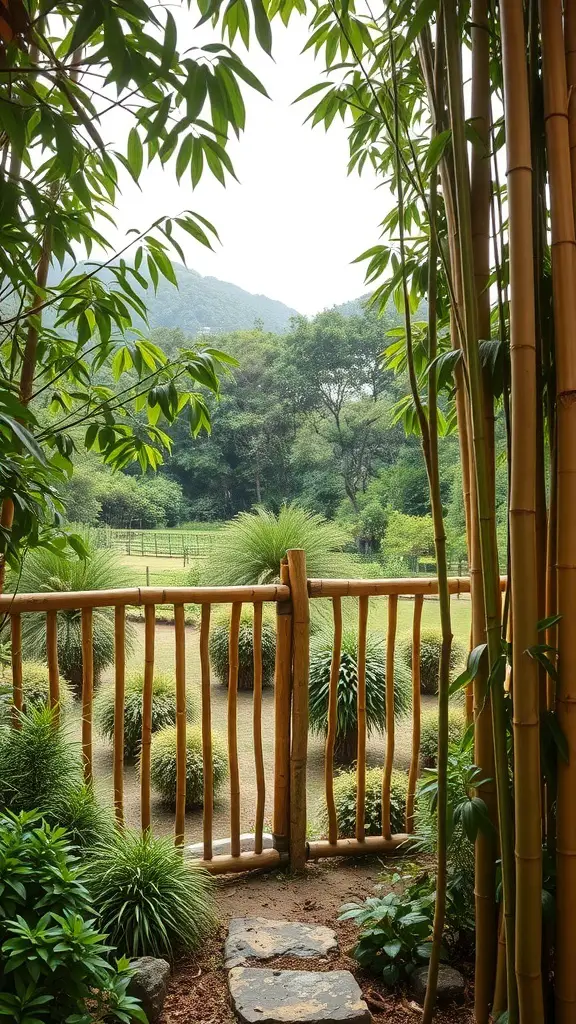 A view of a bamboo fence surrounded by lush greenery and a scenic landscape.