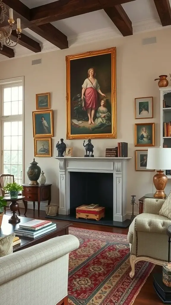 29+ Stunning Ralph Lauren Home Living Room Ideas for an English-Inspired Aesthetic 2 A living room featuring classic English art and accessories, with portraits on the walls and elegant furniture.
