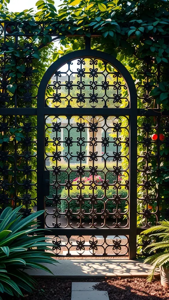 Decorative grille gate surrounded by lush greenery and flowers