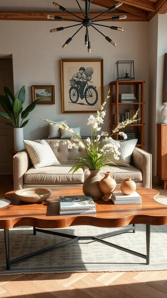 A stylish living room featuring a unique wavy coffee table, decorative vases, and a cozy sofa.