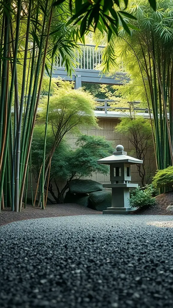 A serene Zen garden with bamboo, stones, and a lantern.