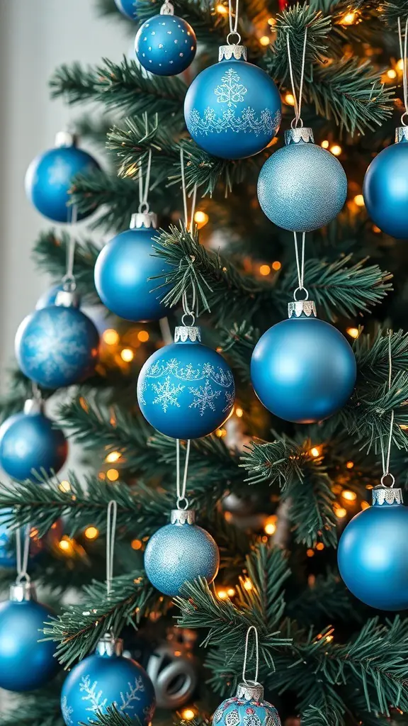 37+ Stunning Blue Christmas Decor Ideas for a Festive Winter Wonderland 14 A close-up view of blue Christmas ornaments hanging on a decorated tree.