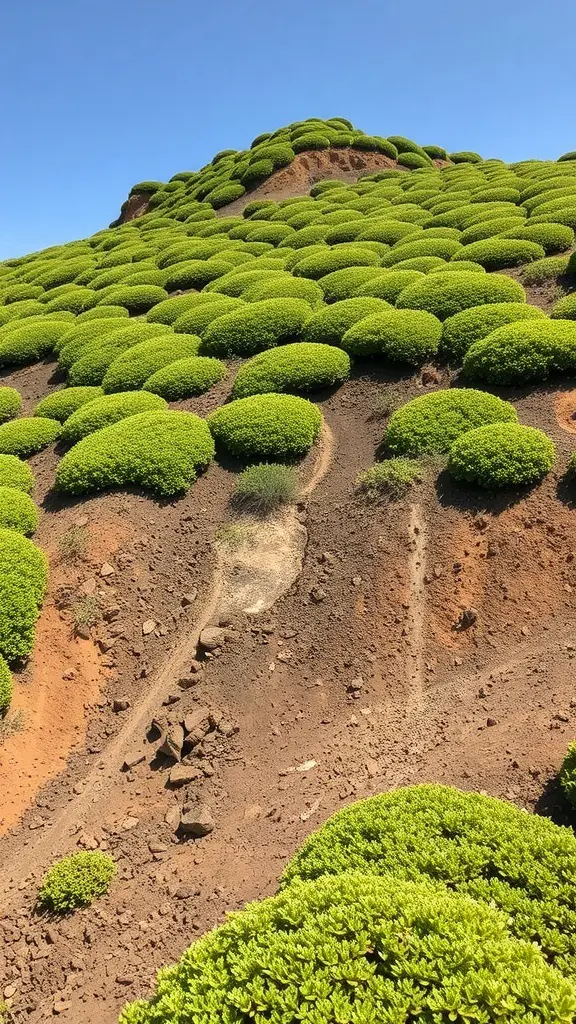 A hillside covered in lush green ground cover plants, showcasing effective erosion prevention.