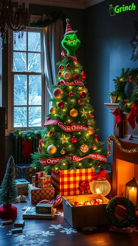 A Grinch-themed Christmas tree with decorations and gifts