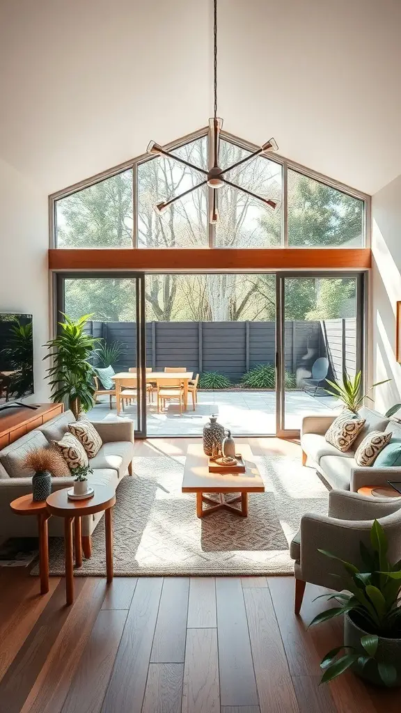 A mid-century modern living room with large windows connecting to an outdoor patio.