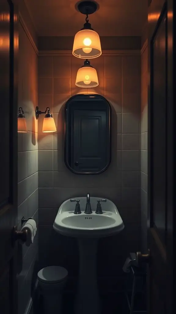 27+ Dark and Moody Powder Room Decor Ideas for a Chic Makeover 5 A dark moody powder room with warm lighting and a stylish sink.