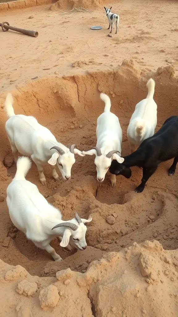 Goats playing in a sand and dirt digging pit