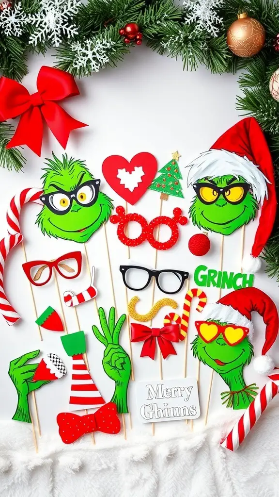 29+ Creative Dollar Tree Grinch Ideas to Spread Holiday Cheer 16 Grinch-themed photo booth props including masks, glasses, and festive decorations.