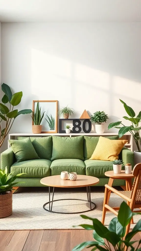 27+ Stunning Green Couch Living Room Ideas You’ll Love 11 A cozy living room featuring a green couch, plants, and a wooden coffee table.