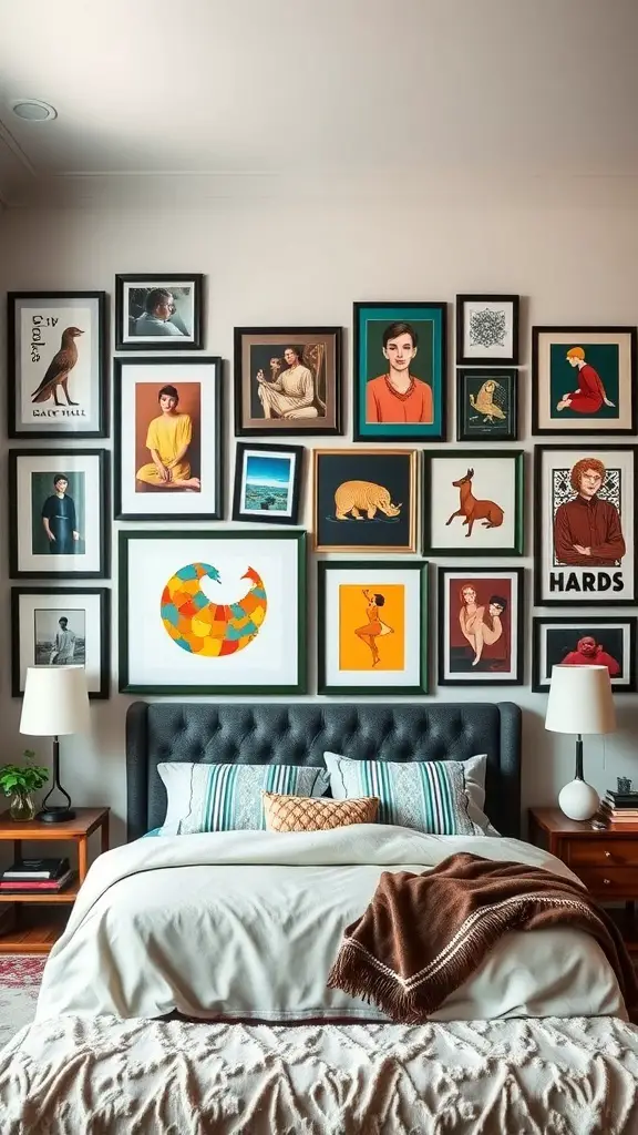 35+ Stunning Dark Green Bedroom Ideas for a Cozy Retreat 14 A bedroom featuring a dark green gallery wall with various framed artworks and photographs.