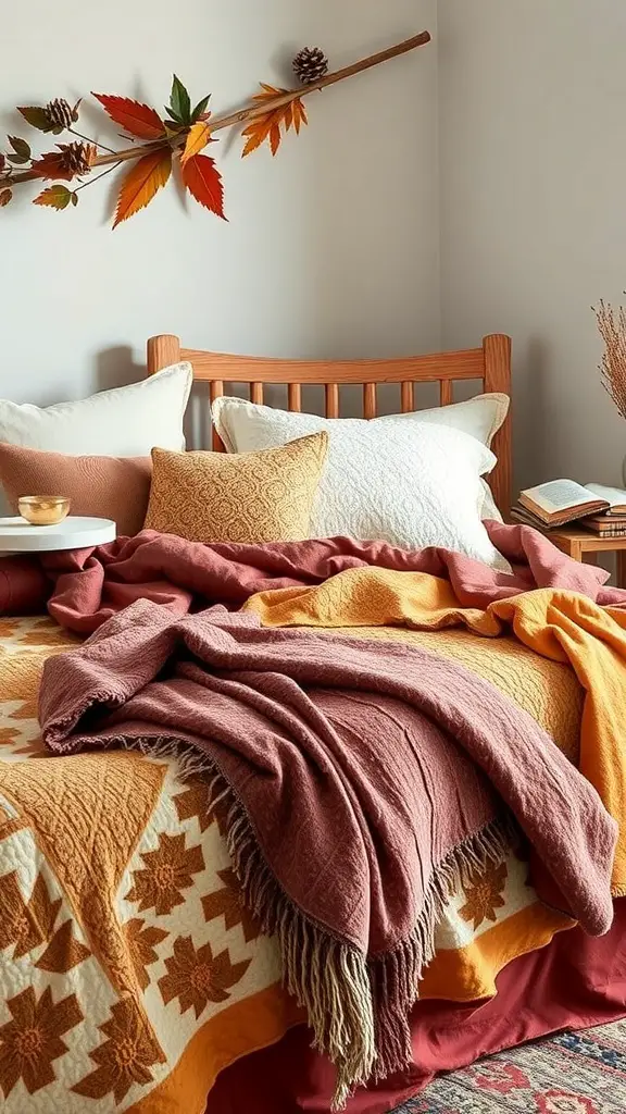 A cozy bed with layered textures featuring a white quilt, warm-toned pillows, and a burnt orange throw.