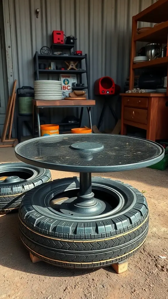 23+ Creative Car Room Decor Ideas for Enthusiasts 14 A unique table made from stacked tires with a glass top, showcasing creative furniture design.