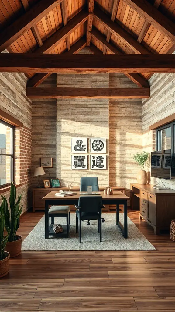 21+ Must-Have Ralph Lauren Home Office Decor Items 2 A rustic home office with wooden beams, a modern desk, and plants.