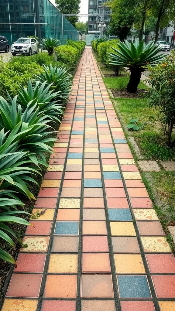 25+ Stunning Sidewalk Landscaping Ideas to Elevate Your Curb Appeal 10 A colorful paved sidewalk surrounded by green plants and trees.