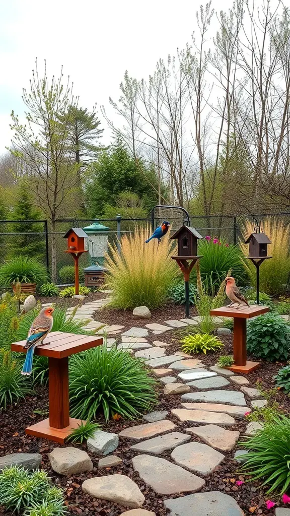 A garden path with birdhouses and colorful birds, surrounded by plants and greenery.
