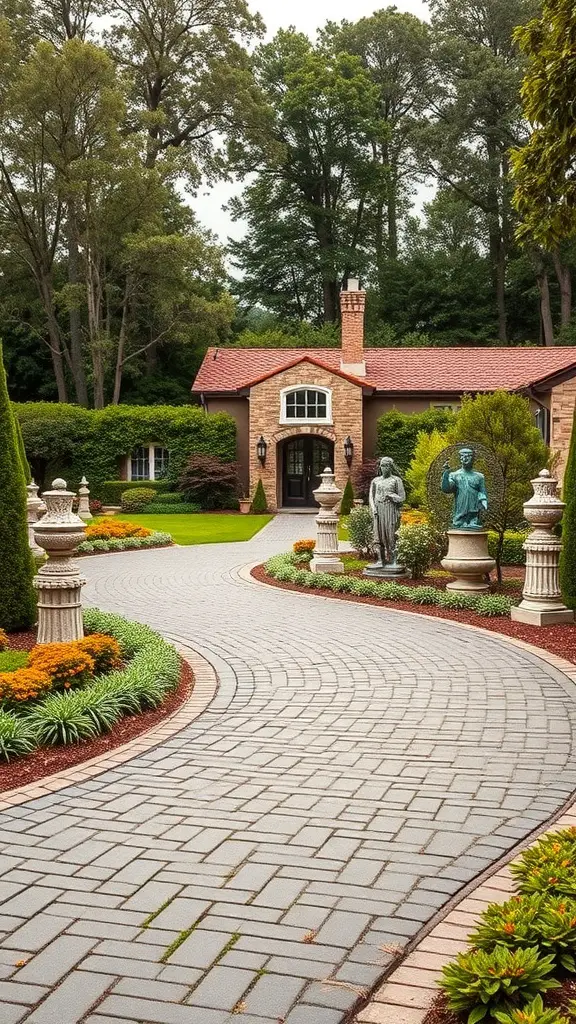 A beautifully landscaped circle driveway with decorative elements and lush greenery.