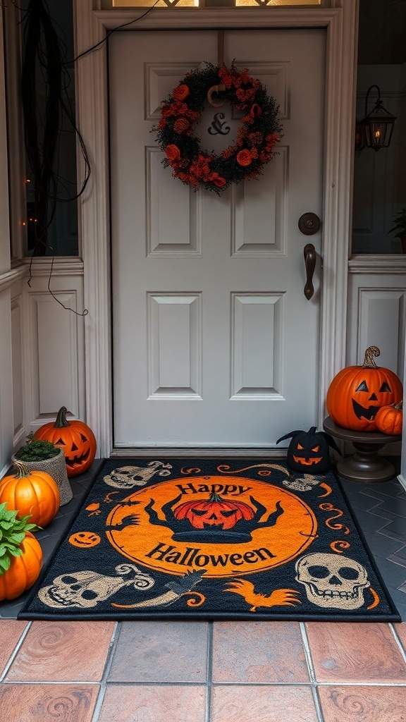 25+ Spooktacular Dollar Tree Halloween Decor Ideas Under $25 13 A Halloween-themed floor mat with the text 'Happy Halloween' surrounded by skulls and pumpkins, placed at a front door.