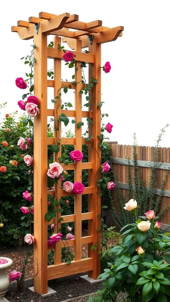 35+ Charming Small English Garden Ideas to Transform Your Outdoor Space 3 Wooden garden trellis with climbing roses in a small garden