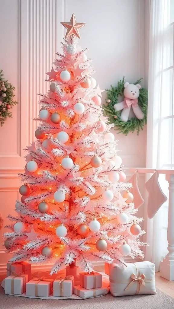 31+ Pink Christmas Tree Ideas to Brighten Your Holiday Décor 12 A pastel pink and white Christmas tree decorated with ornaments and lights, surrounded by wrapped gifts.