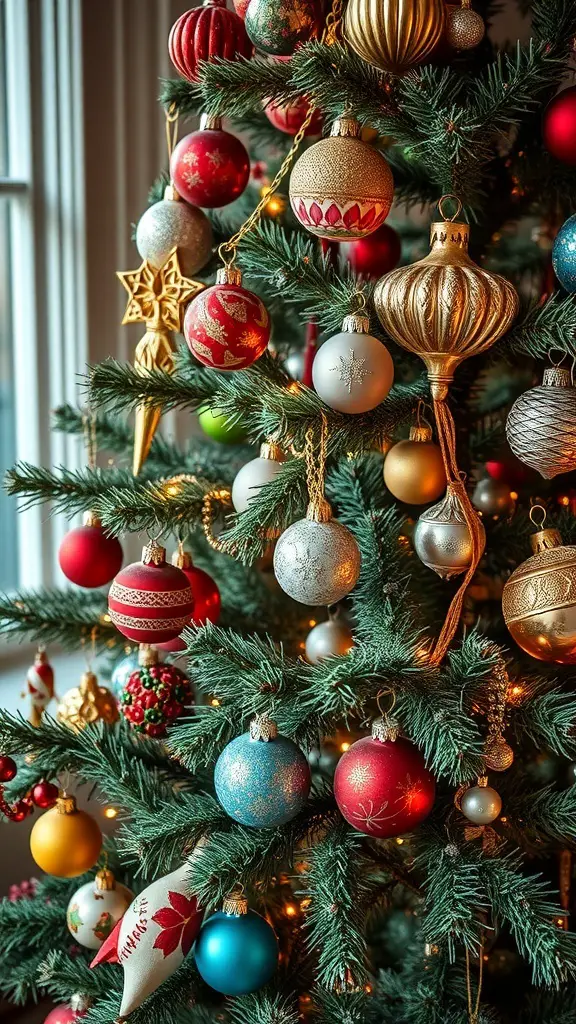 A close-up of a Christmas tree decorated with vintage glass baubles in various colors and designs.
