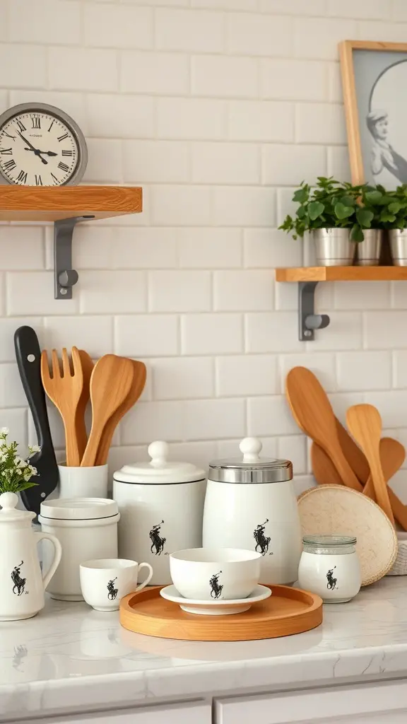 A stylish kitchen setup featuring Ralph Lauren accessories, including white ceramic dishes, wooden utensils, and decorative plants.