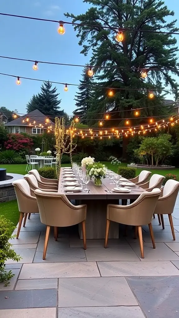 17 Stylish Patio Furniture Layout Ideas for Your Outdoor Space 9 Outdoor dining setup with a long table and string lights